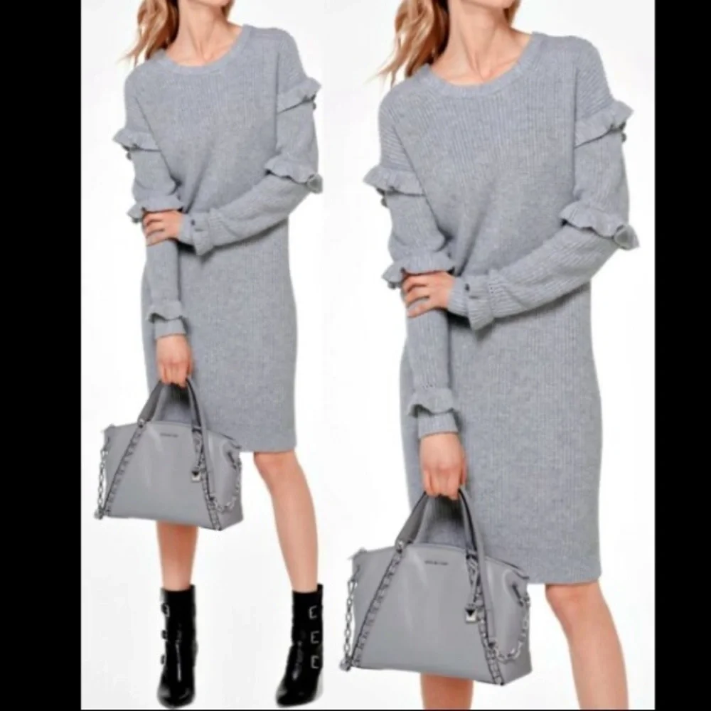 Michael Kors Ruffled Ribbed Sweater Dress Gray XXS